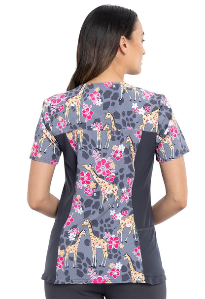 Giraffe Print Cherokee iFlex V Neck Knit Panel Scrub Top CK636 SPIW - Scrubs Select