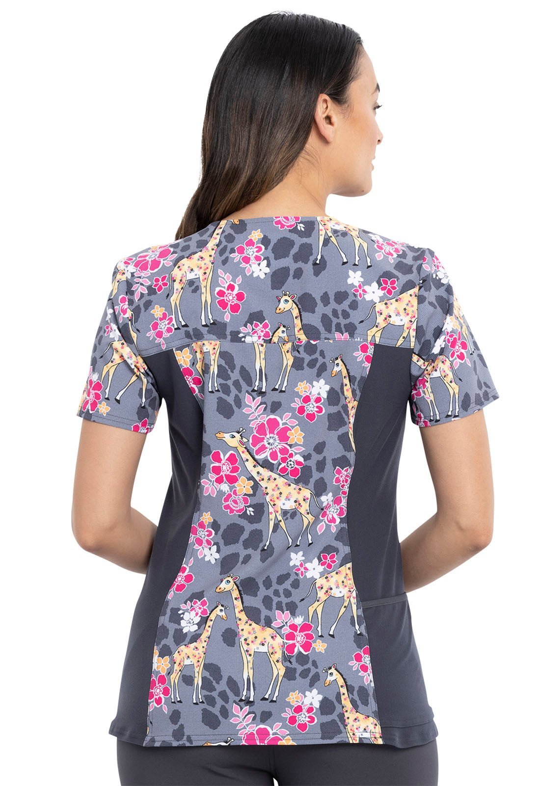 Giraffe Print Cherokee iFlex V Neck Knit Panel Scrub Top CK636 SPIW - Scrubs Select