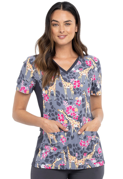 Giraffe Print Cherokee iFlex V Neck Knit Panel Scrub Top CK636 SPIW - Scrubs Select