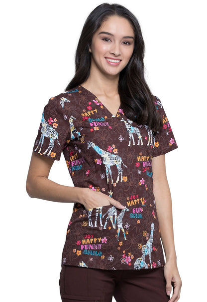 Giraffe Print V Neck Scrub Top CK651 JYGF - Scrubs Select