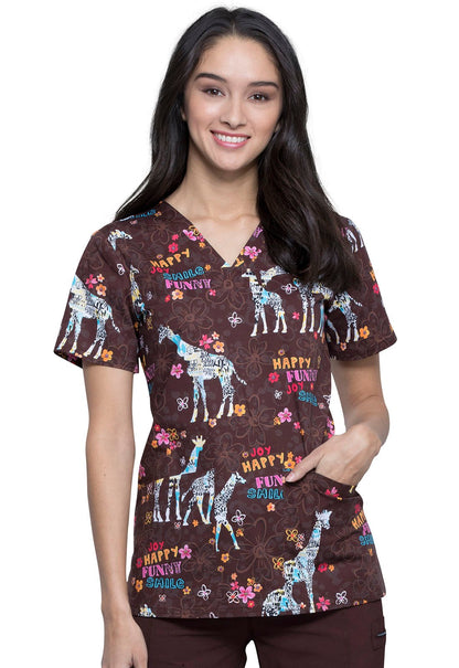 Giraffe Print V Neck Scrub Top CK651 JYGF - Scrubs Select