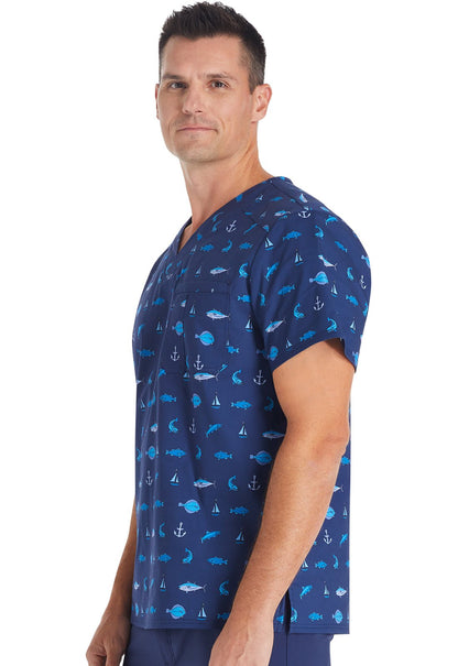 Gone Fishin Cherokee Scrubs Men's V Neck Top CK692 GNFS - Scrubs Select