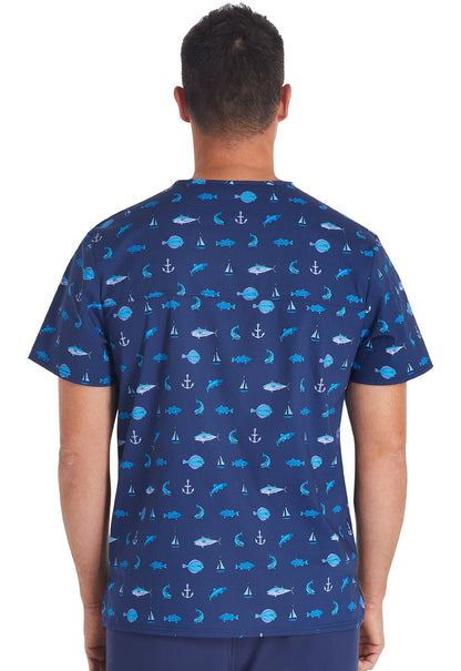 Gone Fishin Cherokee Scrubs Men's V Neck Top CK692 GNFS - Scrubs Select