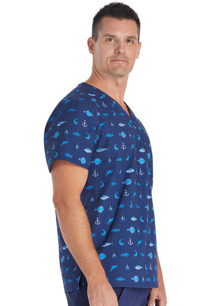 Gone Fishin Cherokee Scrubs Men's V Neck Top CK692 GNFS - Scrubs Select