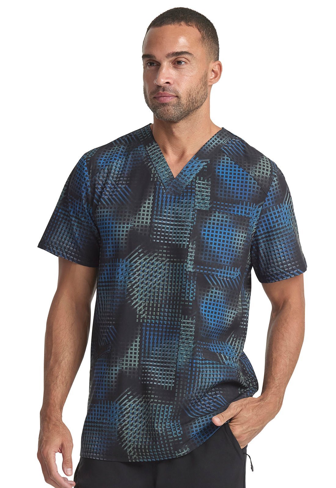 Gradient Grid Cherokee Infinity Print Men's V Neck Scrub Top CK920 GRGI - Scrubs Select