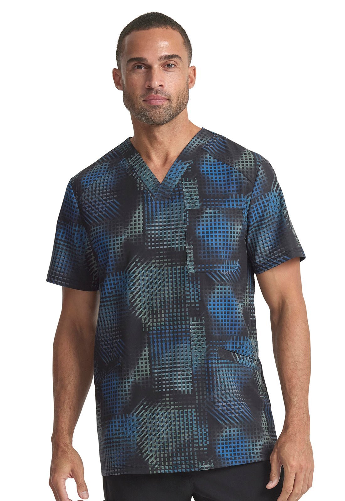Gradient Grid Cherokee Infinity Print Men's V Neck Scrub Top CK920 GRGI - Scrubs Select