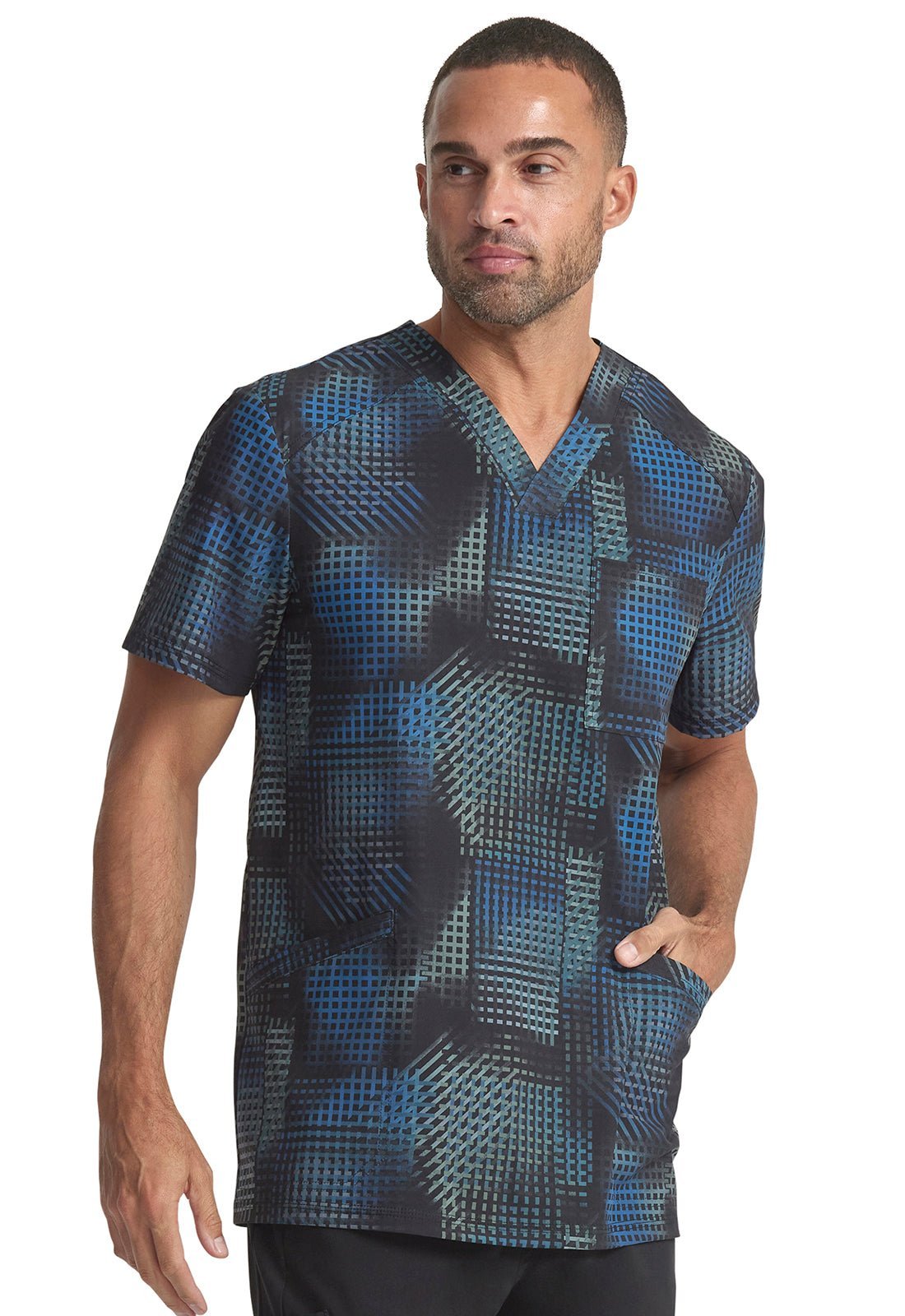 Gradient Grid Cherokee Infinity Print Men's V Neck Scrub Top CK920 GRGI - Scrubs Select