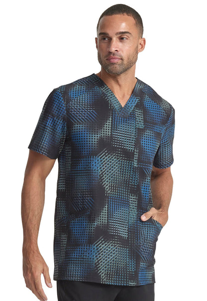 Gradient Grid Cherokee Infinity Print Men's V Neck Scrub Top CK920 GRGI - Scrubs Select