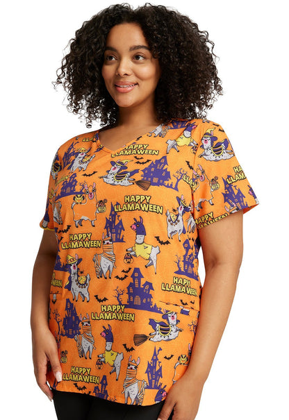 Halloween Llama Cherokee Print V Neck Scrub Top CK637 HYLW - Scrubs Select