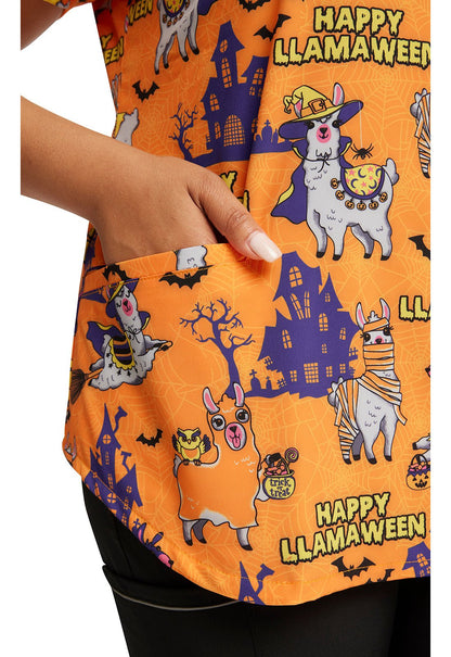 Halloween Llama Cherokee Print V Neck Scrub Top CK637 HYLW - Scrubs Select