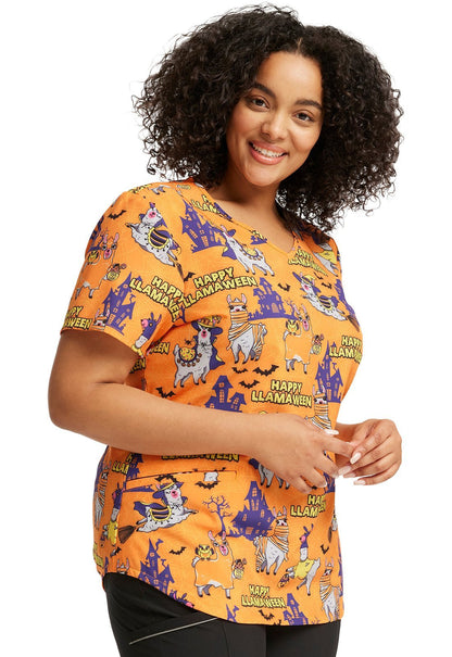 Halloween Llama Cherokee Print V Neck Scrub Top CK637 HYLW - Scrubs Select
