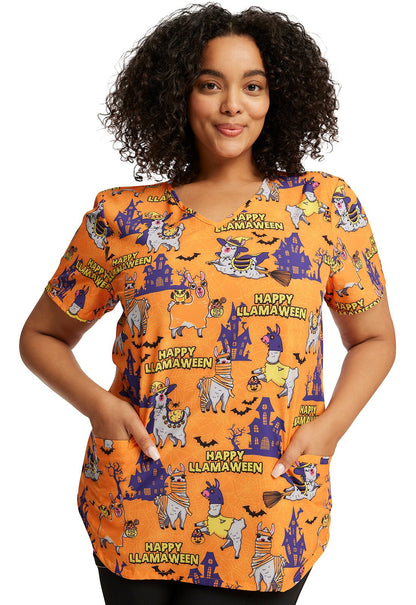 Halloween Llama Cherokee Print V Neck Scrub Top CK637 HYLW - Scrubs Select