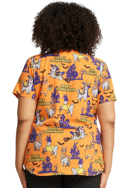Halloween Llama Cherokee Print V Neck Scrub Top CK637 HYLW - Scrubs Select