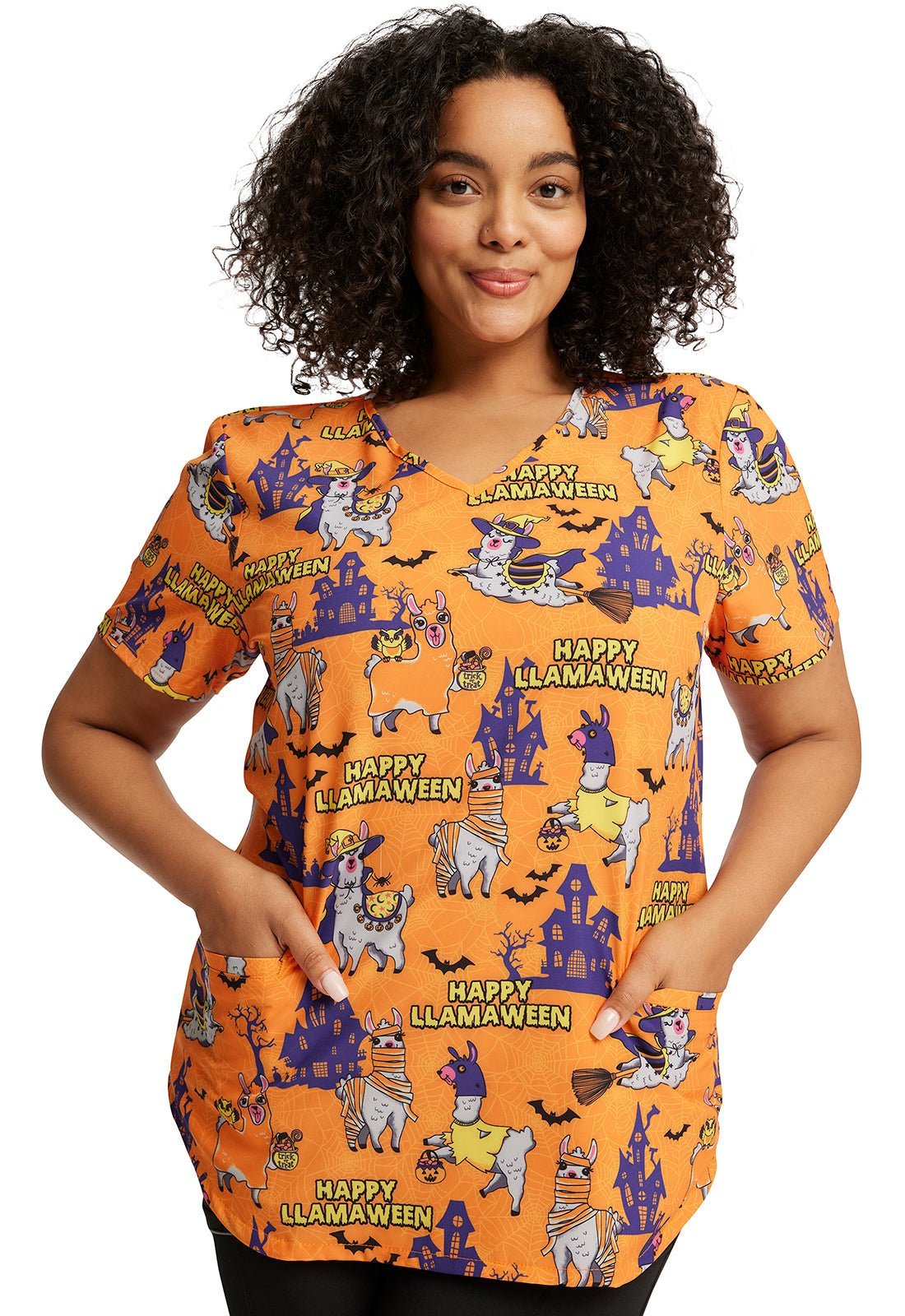 Halloween Llama Cherokee Print V Neck Scrub Top CK637 HYLW - Scrubs Select