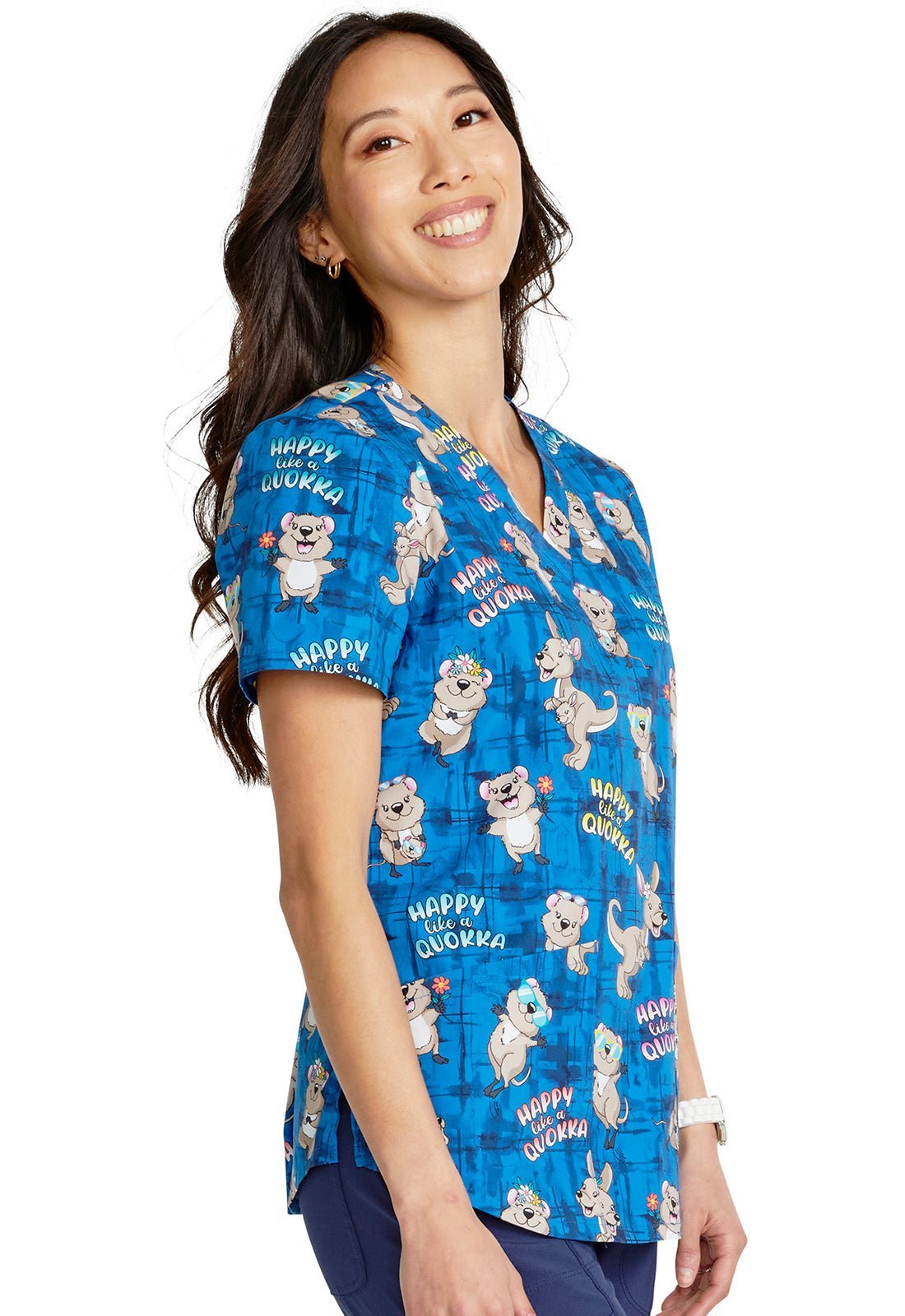 Happy As A Quokka Cherokee Kangaroo Print V Neck Scrub Top CK652 HAQA - Scrubs Select