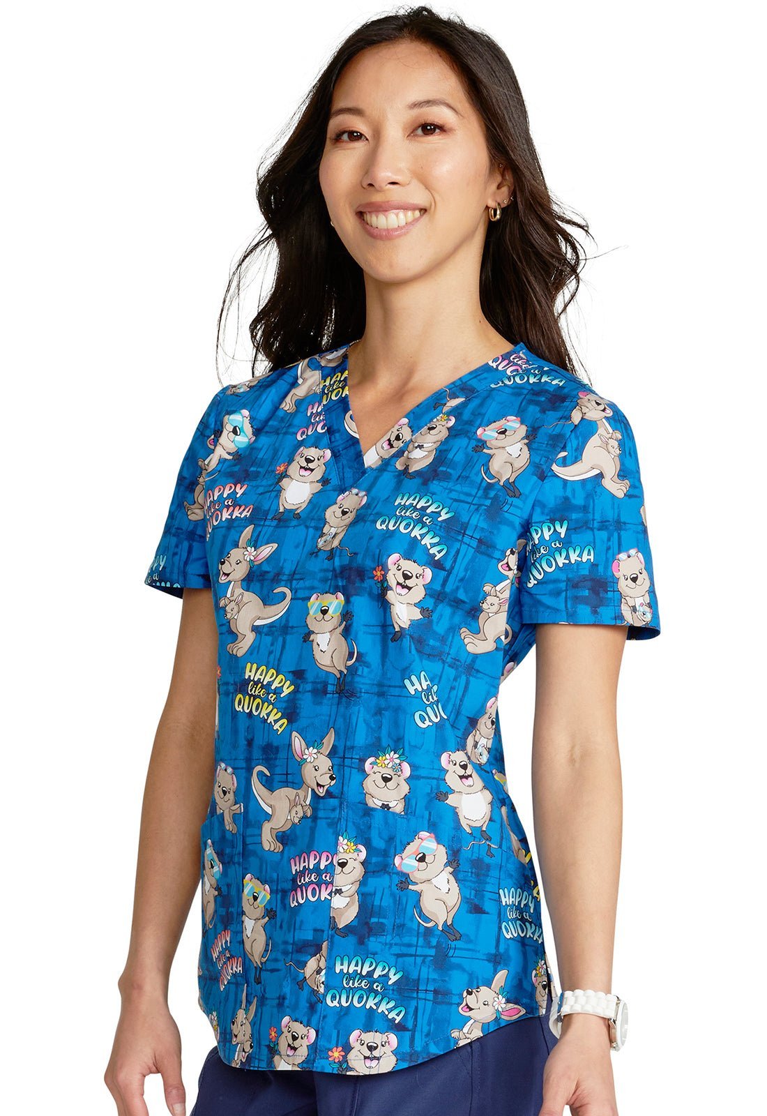 Happy As A Quokka Cherokee Kangaroo Print V Neck Scrub Top CK652 HAQA - Scrubs Select