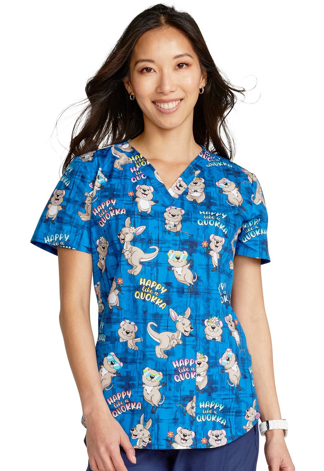 Happy As A Quokka Cherokee Kangaroo Print V Neck Scrub Top CK652 HAQA - Scrubs Select