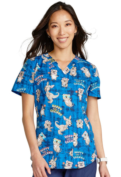 Happy As A Quokka Cherokee Kangaroo Print V Neck Scrub Top CK652 HAQA - Scrubs Select