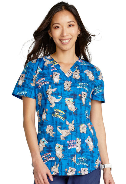 Happy As A Quokka Cherokee Kangaroo Print V Neck Scrub Top CK652 HAQA - Scrubs Select