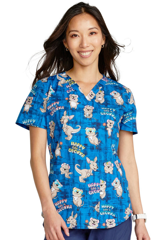 Happy As A Quokka Cherokee Kangaroo Print V Neck Scrub Top CK652 HAQA - Scrubs Select