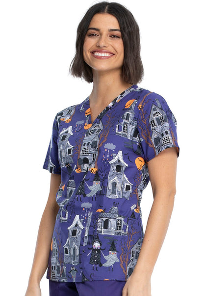 Haunted Halloween Print V Neck Scrub Top CK651 HAUH - Scrubs Select