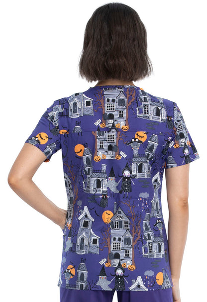 Haunted Halloween Print V Neck Scrub Top CK651 HAUH - Scrubs Select