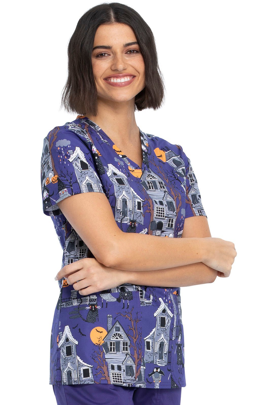Haunted Halloween Print V Neck Scrub Top CK651 HAUH - Scrubs Select