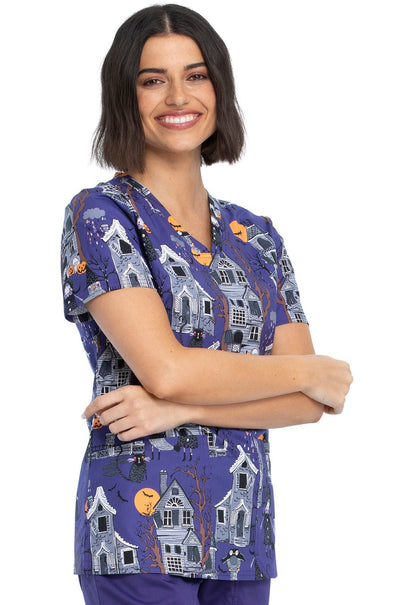 Haunted Halloween Print V Neck Scrub Top CK651 HAUH - Scrubs Select