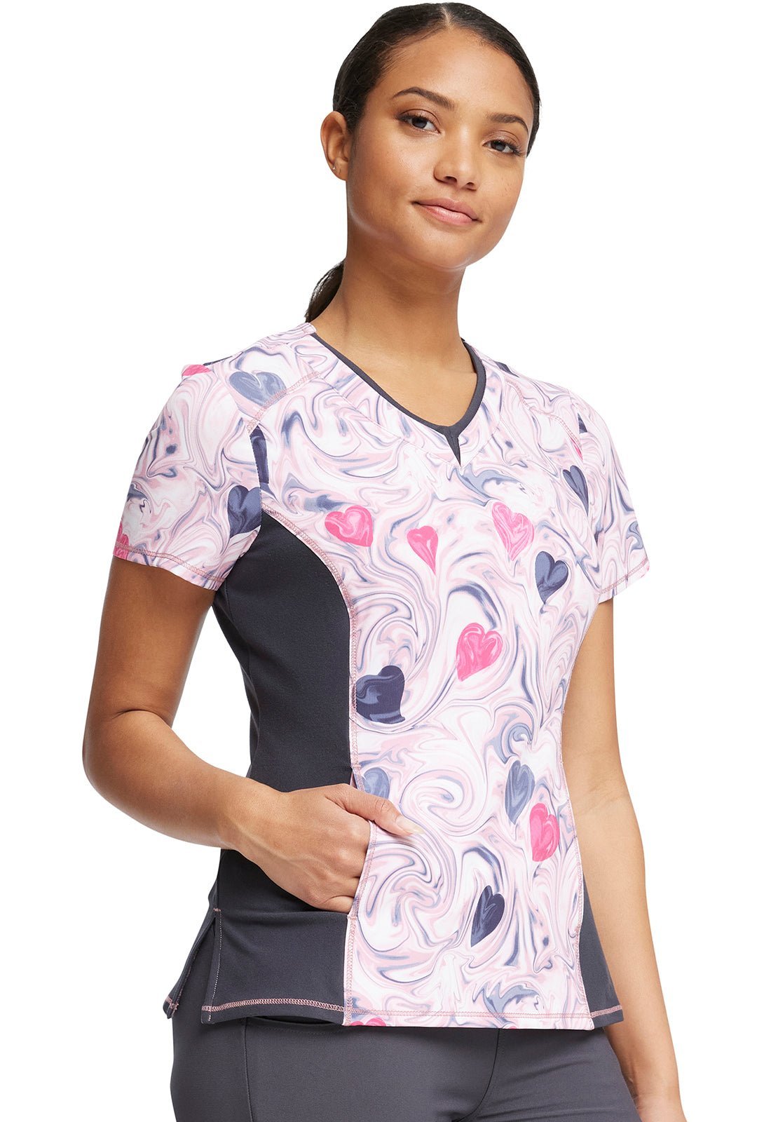 Heart Cherokee iFlex Print Mock Wrap Knit Panel Scrub Top CK698 LVSL - Scrubs Select