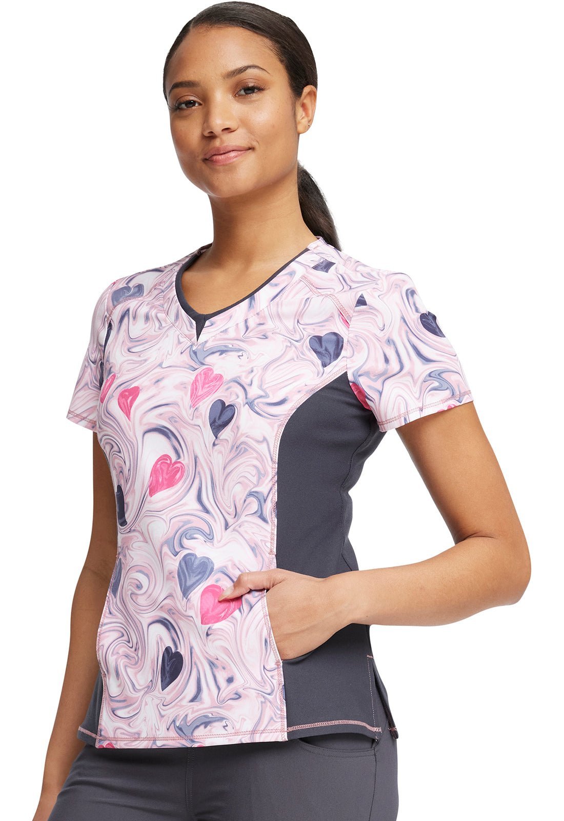 Heart Cherokee iFlex Print Mock Wrap Knit Panel Scrub Top CK698 LVSL - Scrubs Select