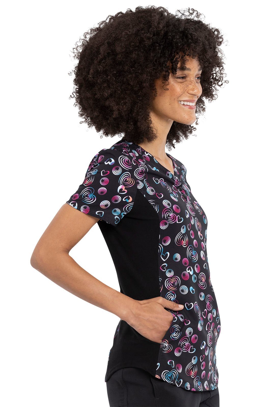 Heart Print Cherokee iFlex V Neck Knit Panel Scrub Top CK732 LVSW - Scrubs Select