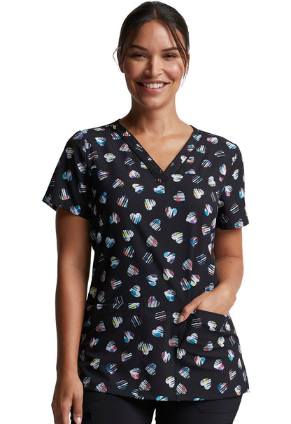 Heart Print Dickies EDS V Neck Scrub Top DK718 LVDT - Scrubs Select