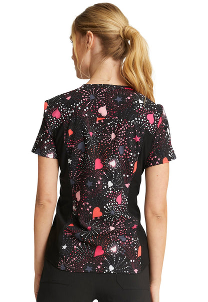 Heart Star Cherokee iflex Print V Neck Knit Panel Scrub Top CK732 BWLV - Scrubs Select