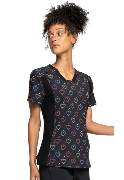Hearts Cherokee iflex Print V Neck Knit Panel Scrub Top CK641 HOLN - Scrubs Select