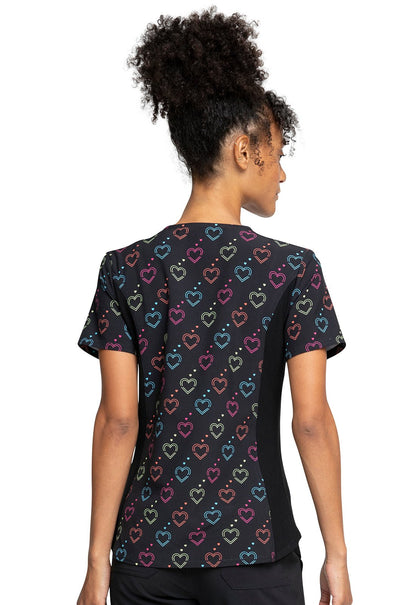 Hearts Cherokee iflex Print V Neck Knit Panel Scrub Top CK641 HOLN - Scrubs Select