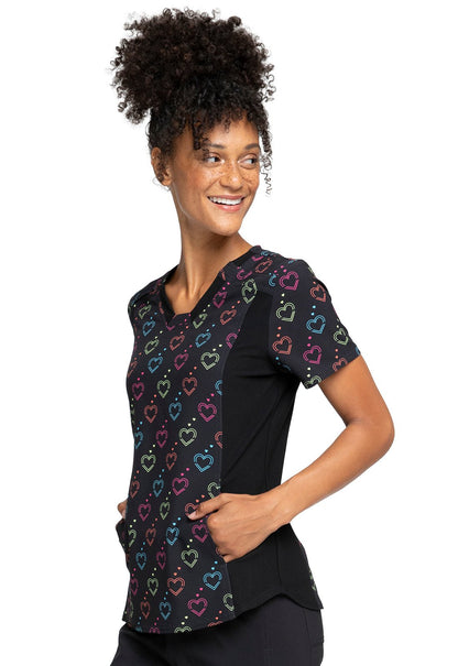 Hearts Cherokee iflex Print V Neck Knit Panel Scrub Top CK641 HOLN - Scrubs Select