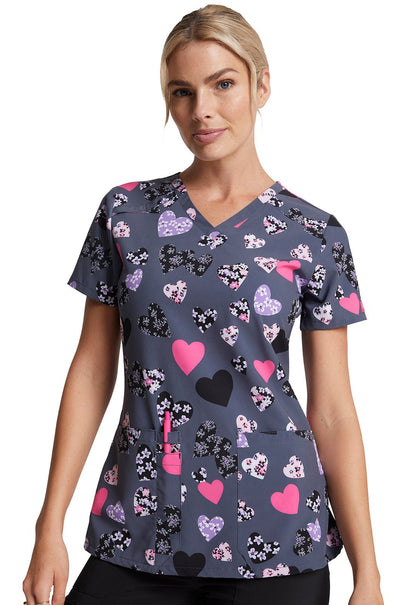 Hearts Floral Dickes Print V Neck Scrub Top DK616 LVBM - Scrubs Select