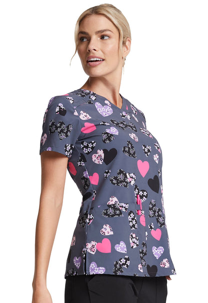 Hearts Floral Dickes Print V Neck Scrub Top DK616 LVBM - Scrubs Select