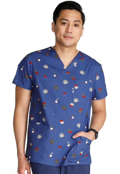Home Run Cherokee Baseball Print Unisex V Neck Scrub Top CK691 HORN - Scrubs Select
