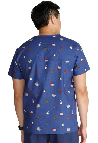 Home Run Cherokee Baseball Print Unisex V Neck Scrub Top CK691 HORN - Scrubs Select