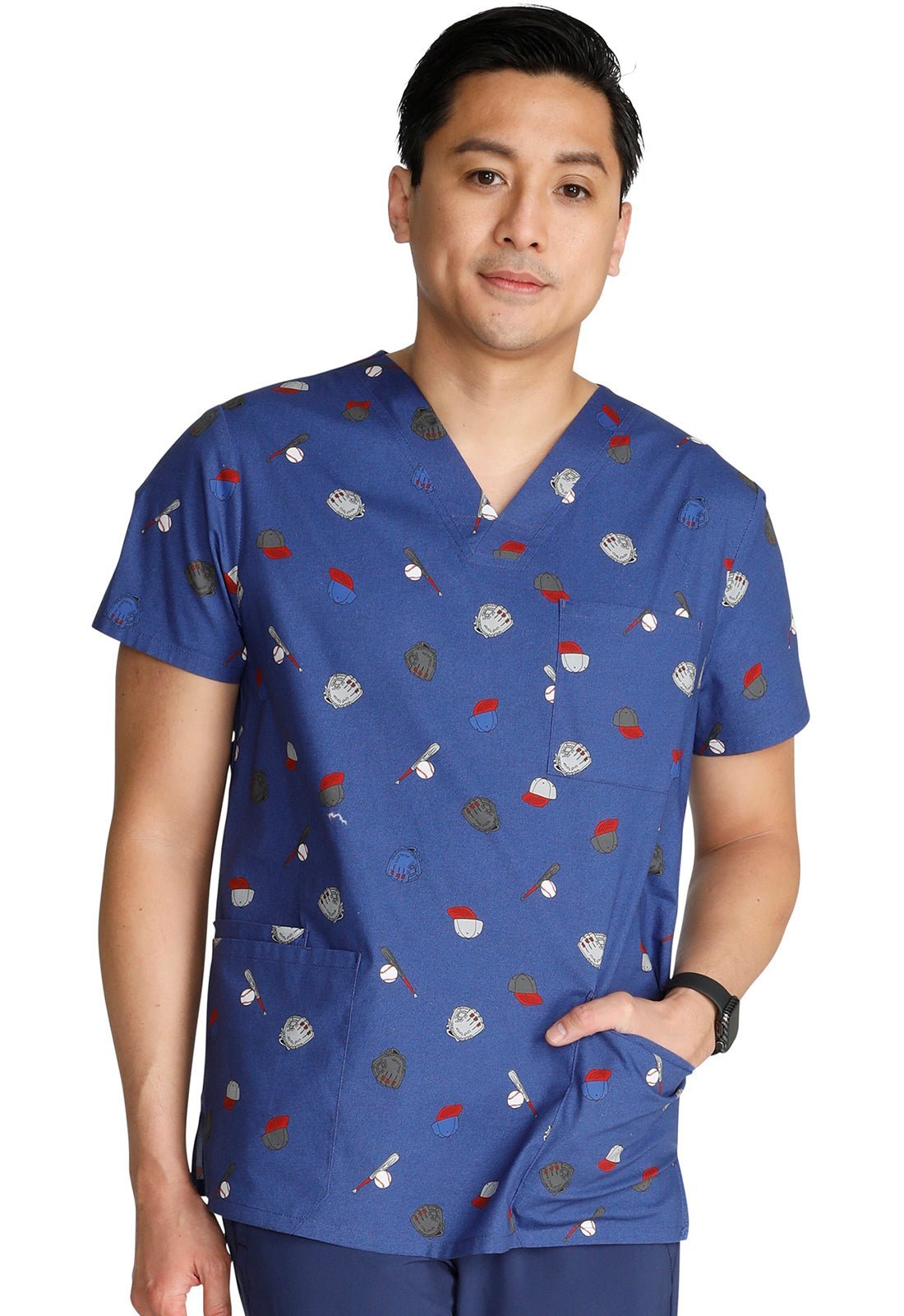 Home Run Cherokee Baseball Print Unisex V Neck Scrub Top CK691 HORN - Scrubs Select