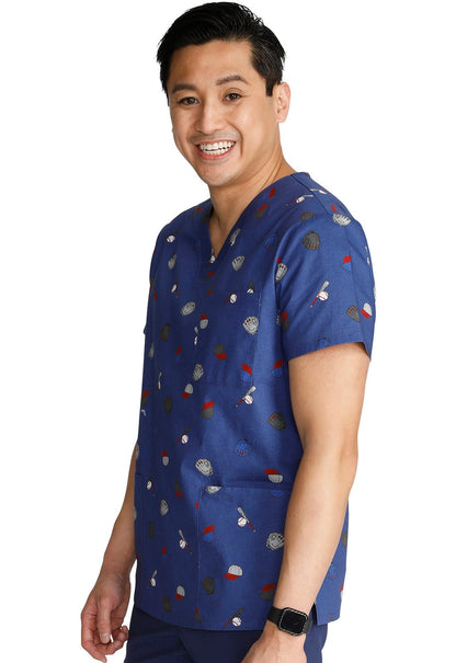 Home Run Cherokee Baseball Print Unisex V Neck Scrub Top CK691 HORN - Scrubs Select
