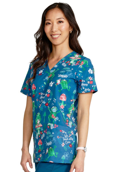 Hoppy To Help Cherokee Frog Nurse Print V Neck Scrub Top CK671 HTHP - Scrubs Select