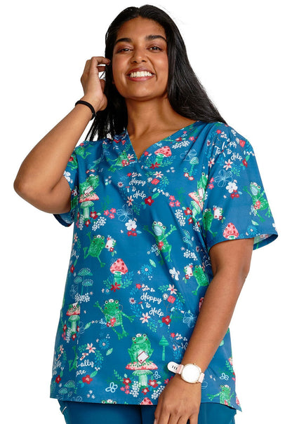 Hoppy To Help Cherokee Frog Nurse Print V Neck Scrub Top CK671 HTHP - Scrubs Select