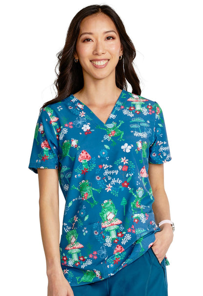 Hoppy To Help Cherokee Frog Nurse Print V Neck Scrub Top CK671 HTHP - Scrubs Select