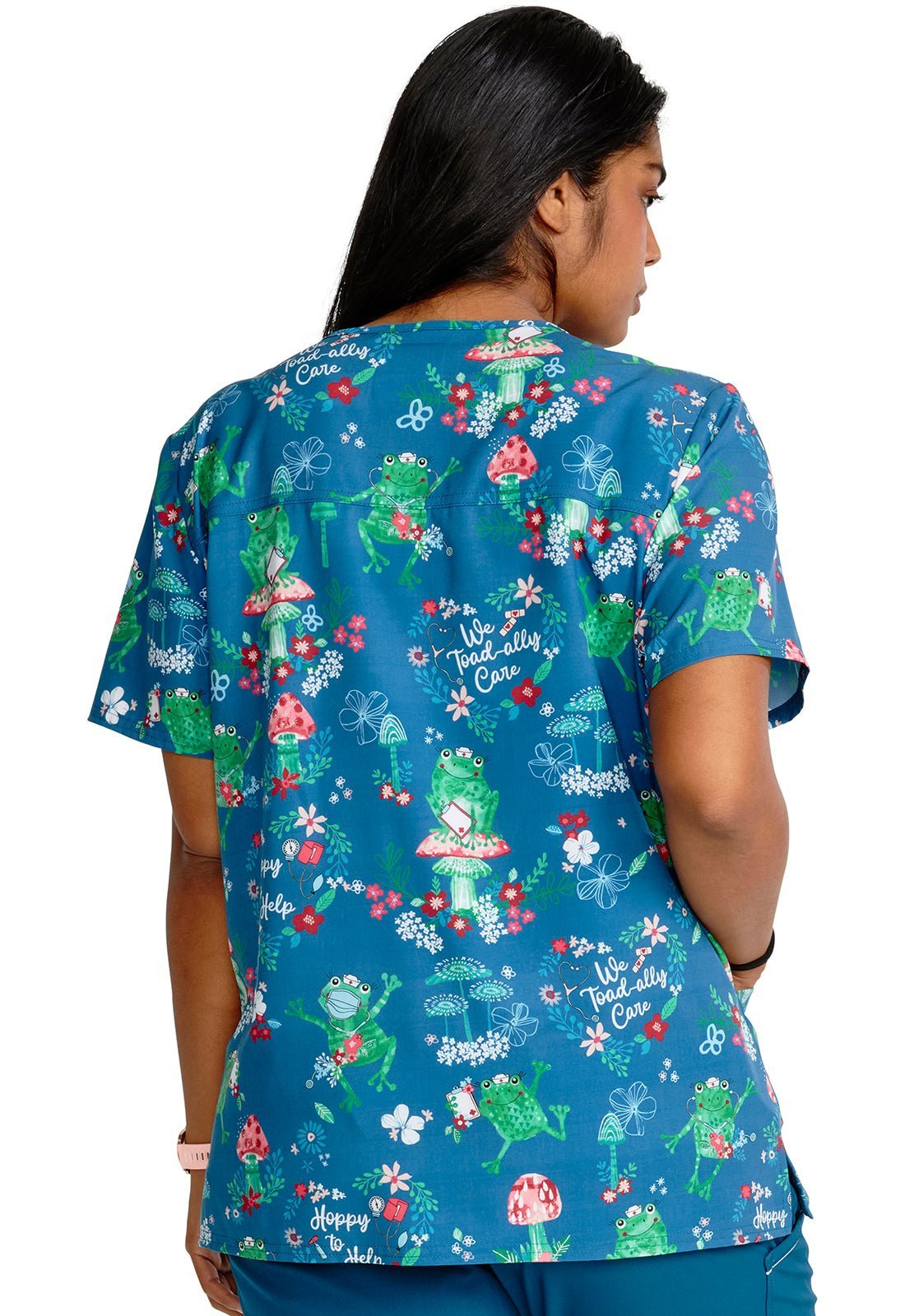 Hoppy To Help Cherokee Frog Nurse Print V Neck Scrub Top CK671 HTHP - Scrubs Select