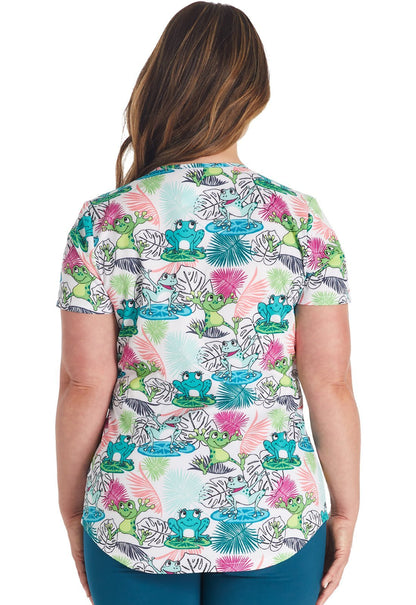Leap Fronds Cherokee Frog Print V Neck Scrub Top CK637 LPFD - Scrubs Select