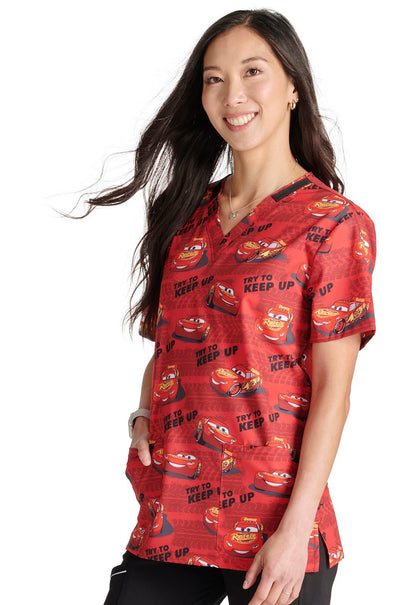 Lightning McQueen Cherokee Tooniforms Disney Unisex V Neck Scrub Top TF728 CSYT - Scrubs Select