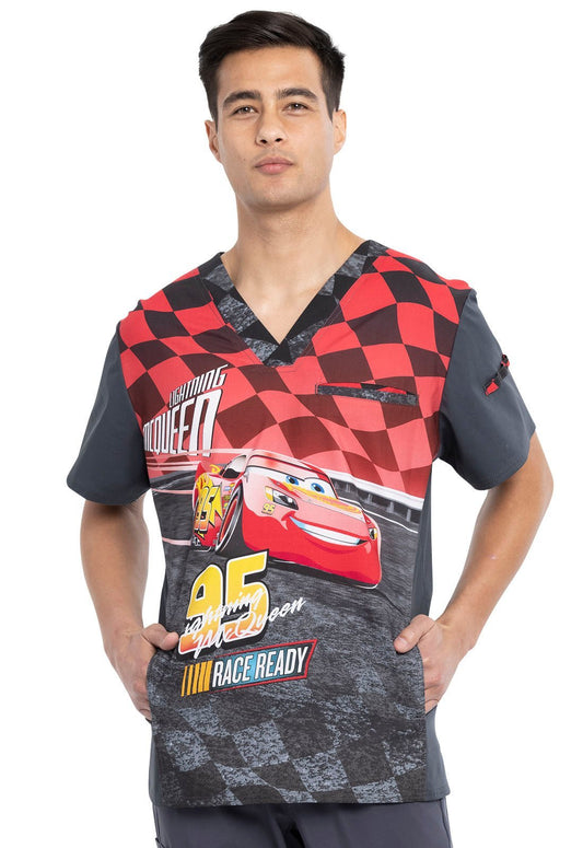 Lightning McQueen Tooniforms Disney Men's V Neck Scrub Top TF700 CSTQ - Scrubs Select