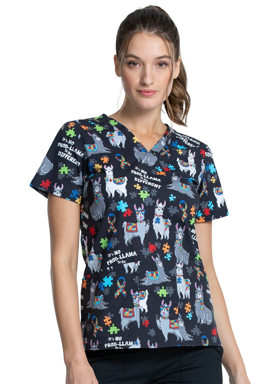 Llama Print Cherokee Autism Awareness V Neck Scrub Top CK651 LAMV - Scrubs Select